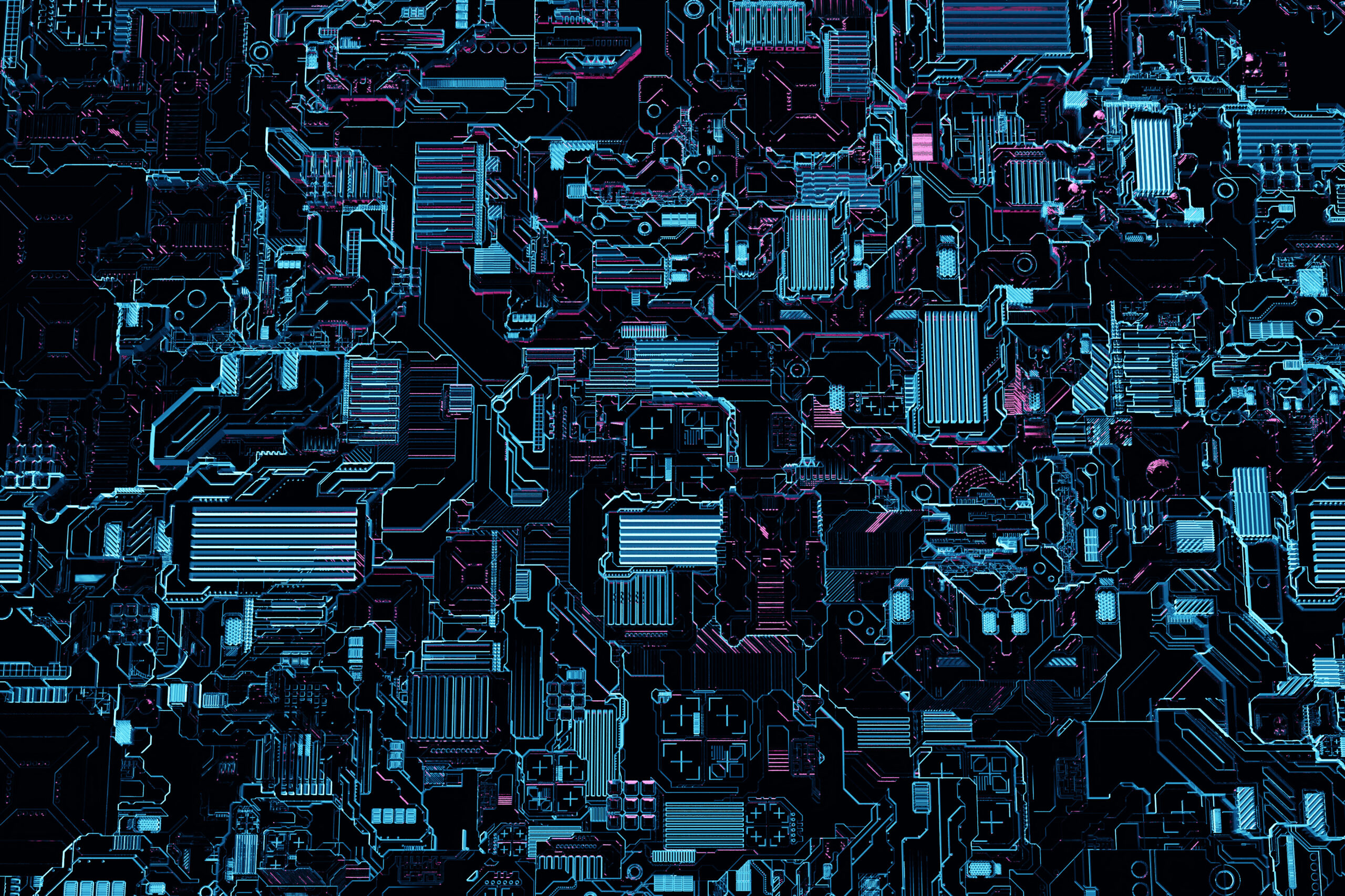 Detail of a futuristic  machine. 3D illustration of a futuristic wall made of various details under  blue lights. Cyberpunk background. Industrial wallpaper. Grunge details