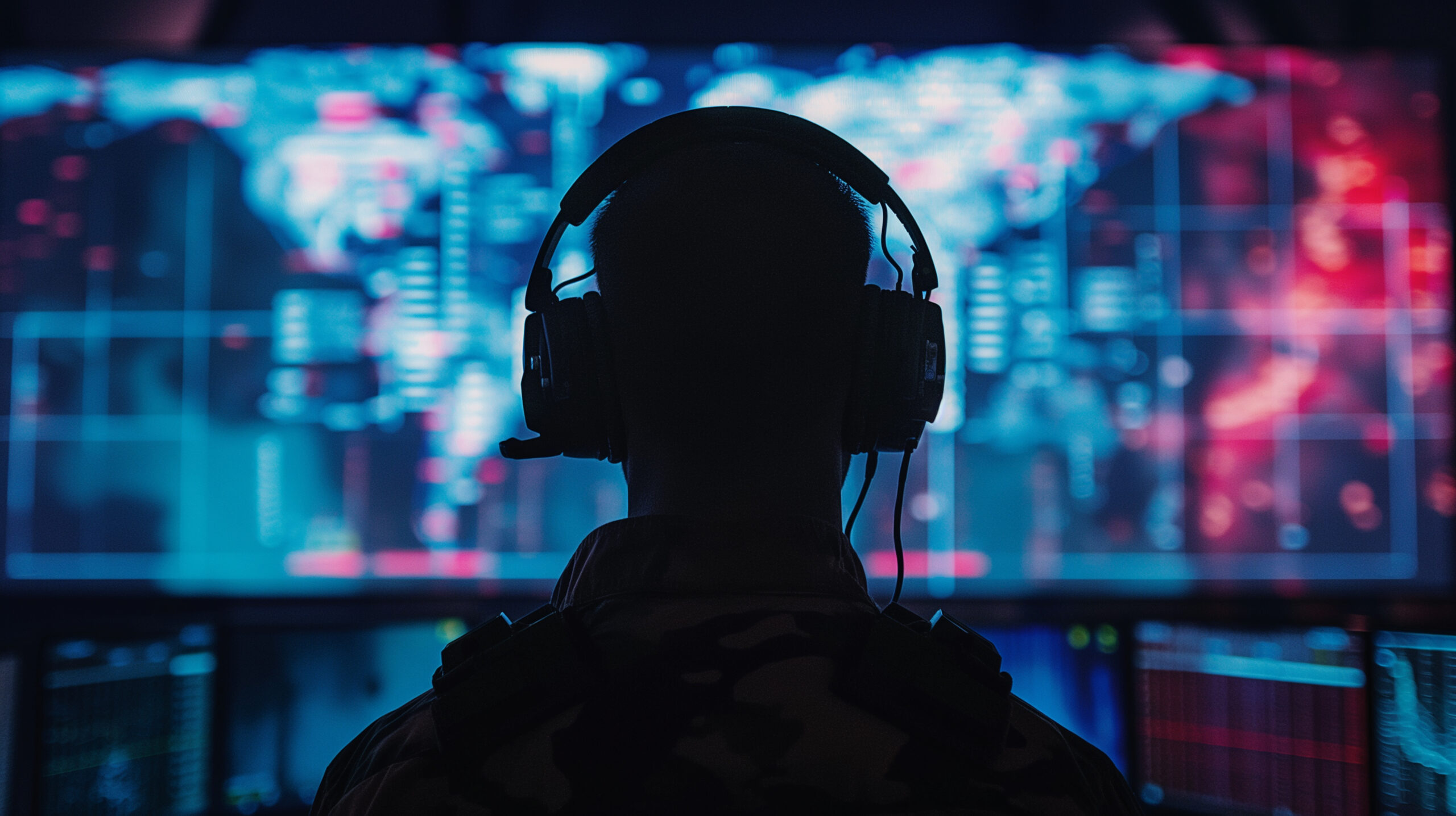 Soldier wearing a headset monitoring data on multiple screens.